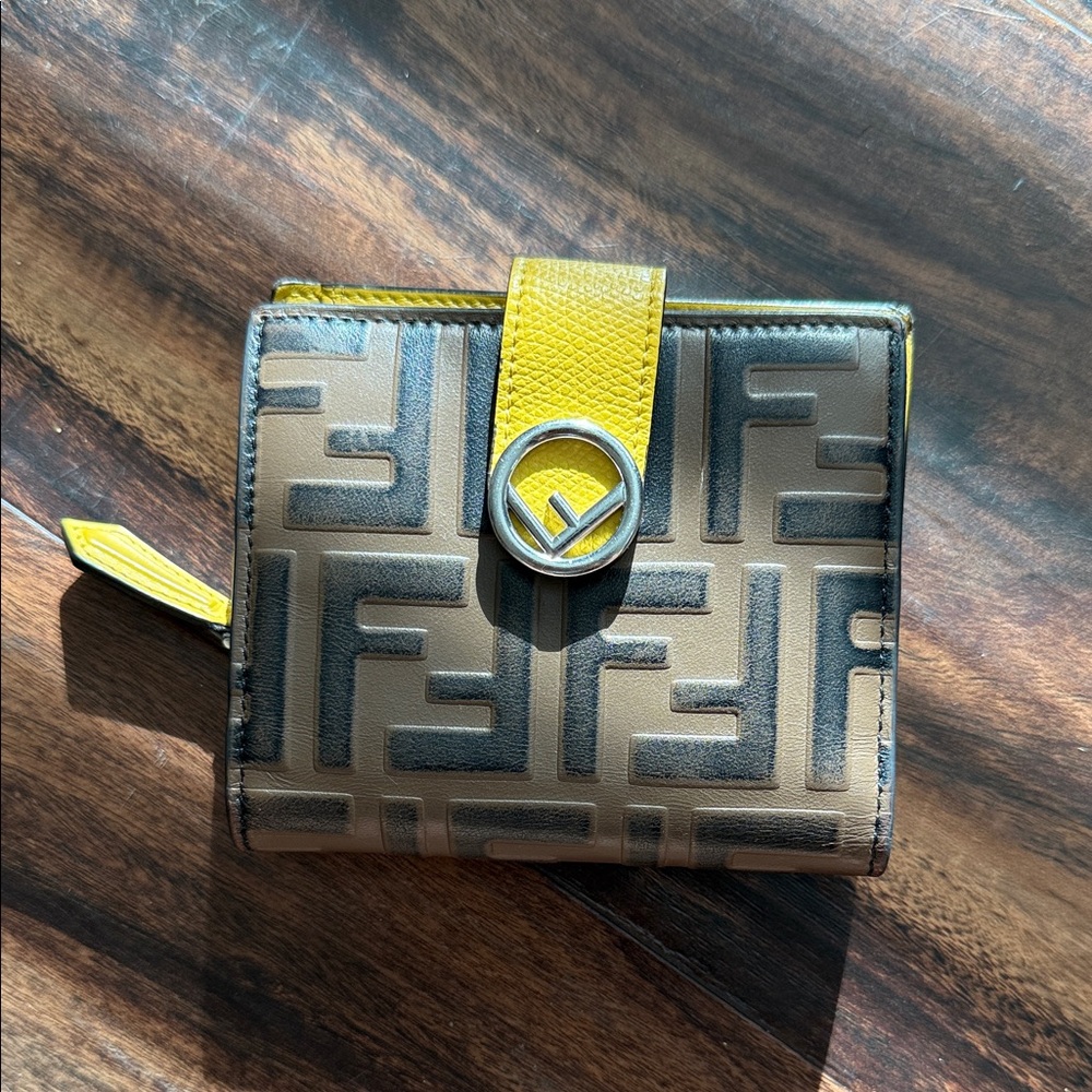 Fendi Leather Embossed Brown Monogram Wallet with Yellow Trim and Logo Snap